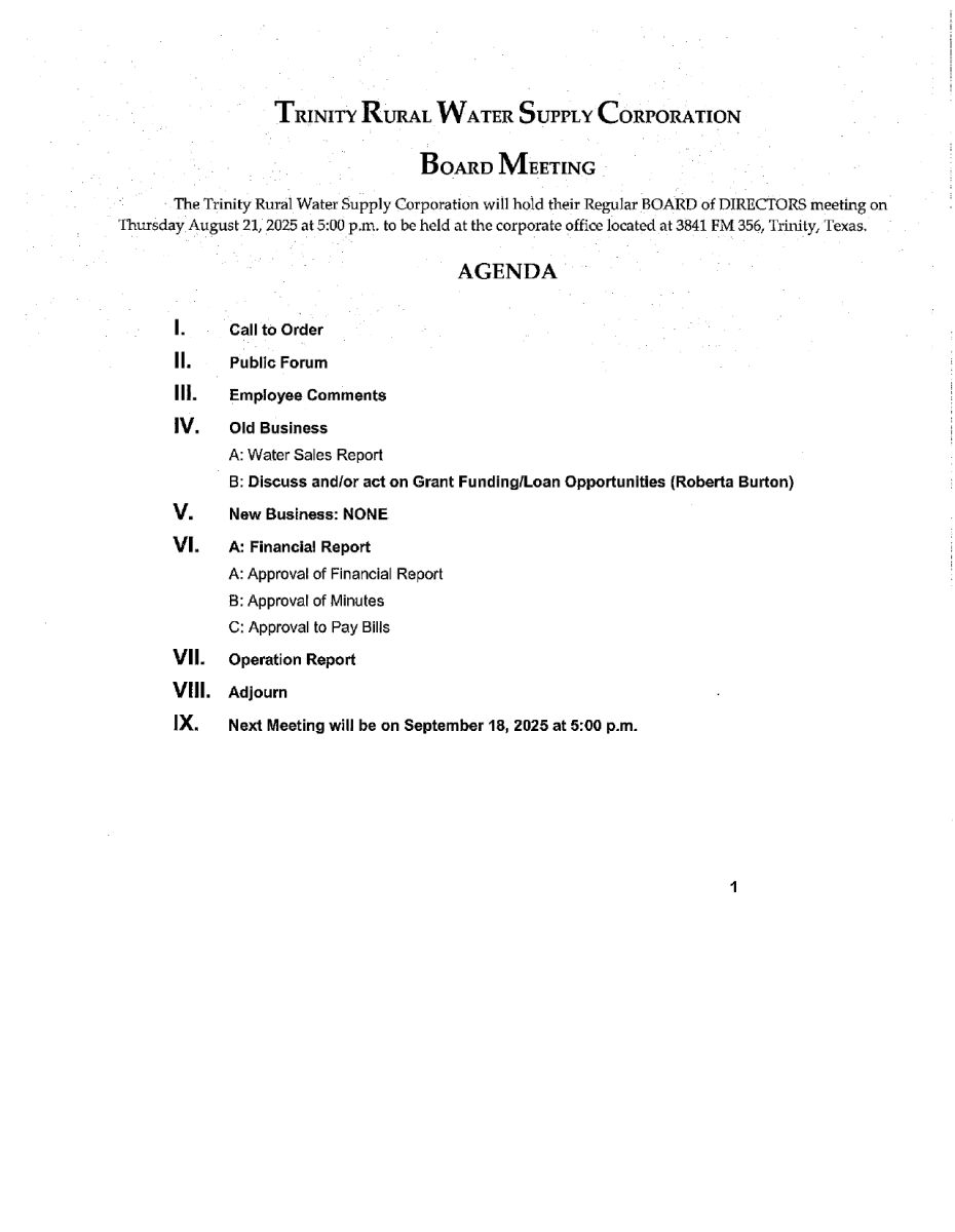 August 2025 Board Meeting Agenda