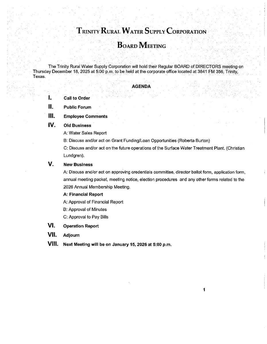 December 2025 Board Meeting Agenda