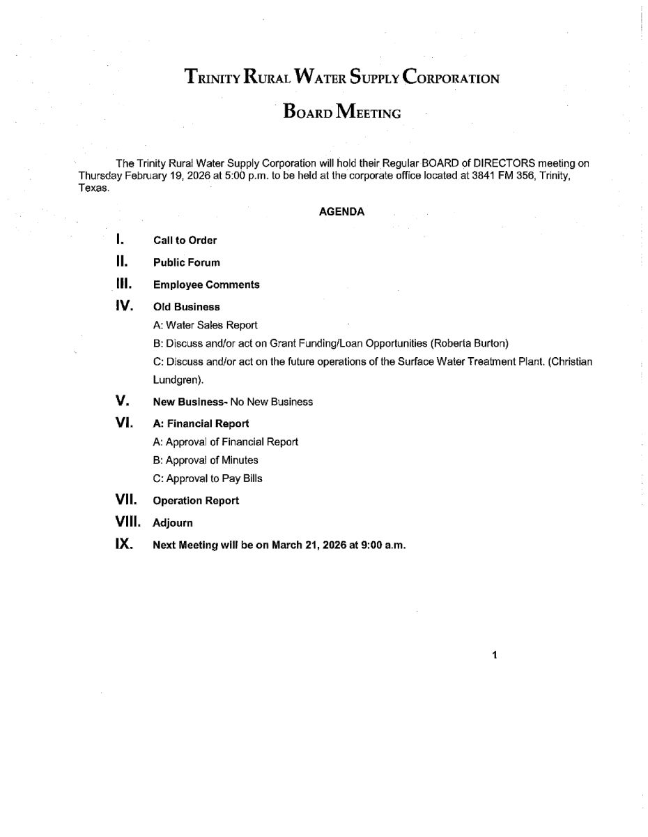 February 2026 Board Meeting Agenda