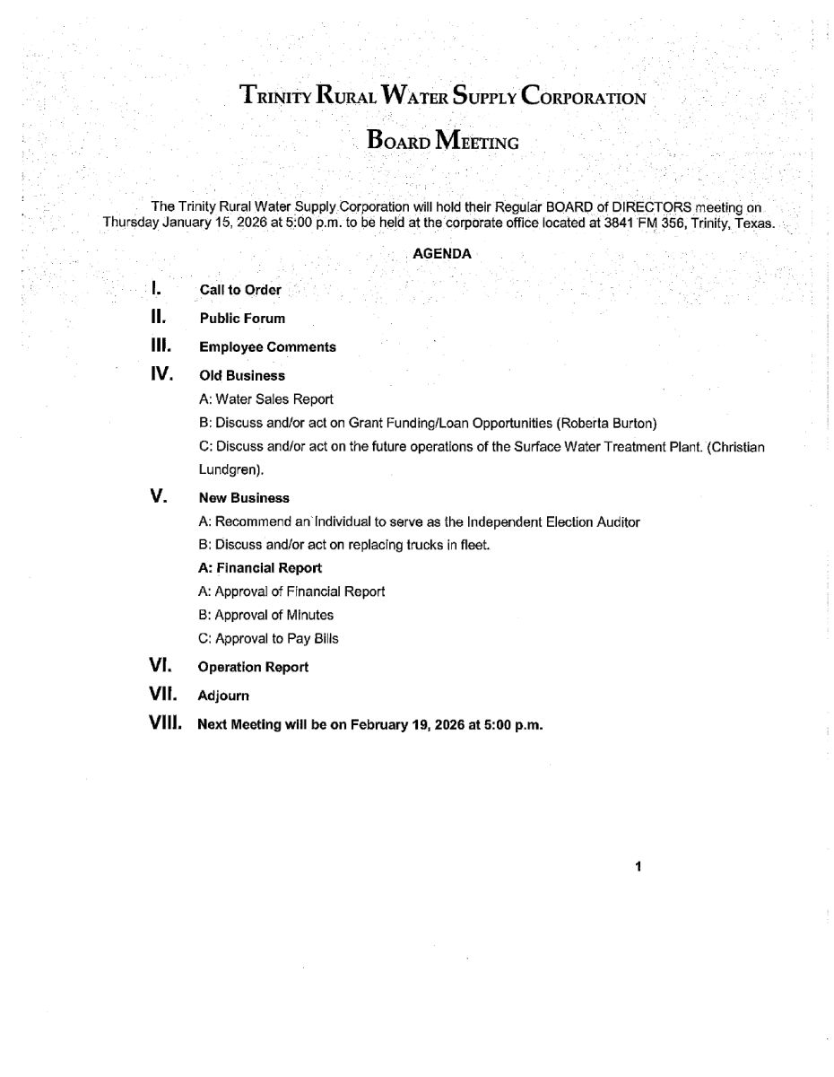 January 2026 Board Meeting Agenda