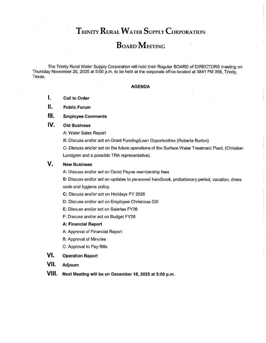 November 2025 Board Meeting Agenda